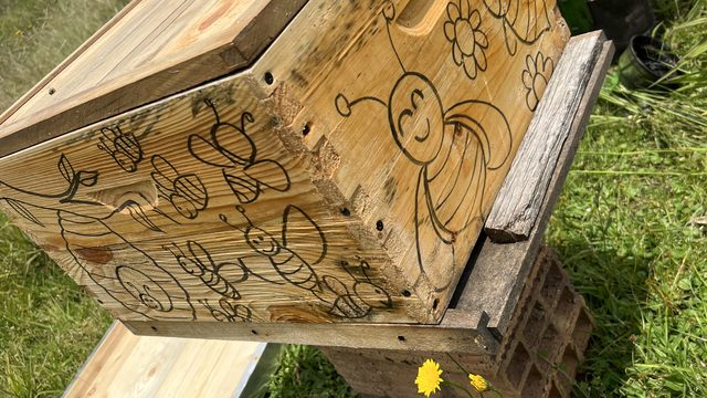 Caja de núcleo de madera con dibujos de abejas y flores hechos a mano